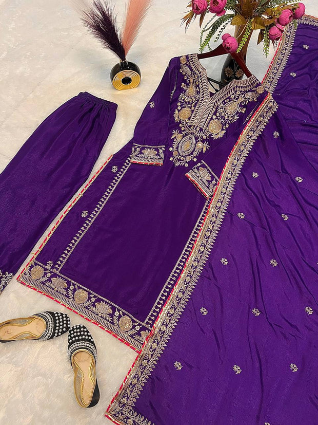 Decent Embroidery Coding Work Purple Color Palazzo Sui