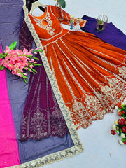 Delightful Embroidery Work Orange Color Gown