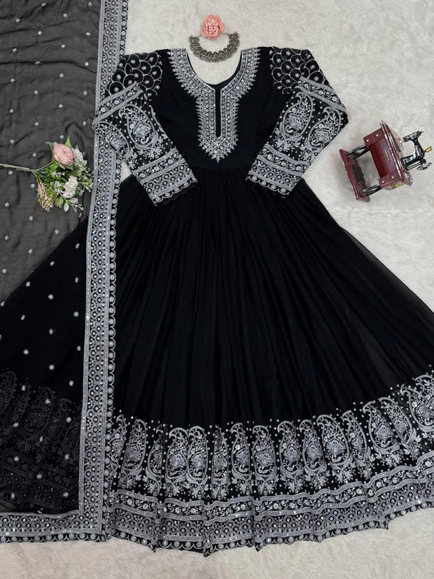 Black Color Thread With Sequence Work Anarkali Gown