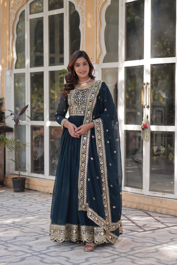 Wonderful Embroidery Work Navy Blue Color Gown