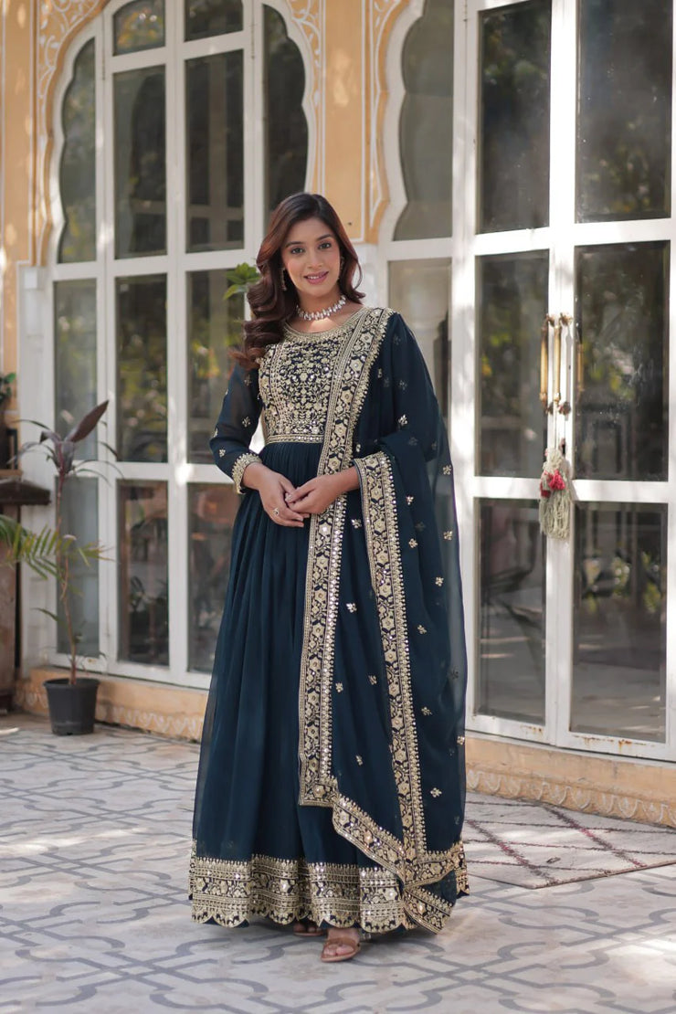 Wonderful Embroidery Work Navy Blue Color Gown