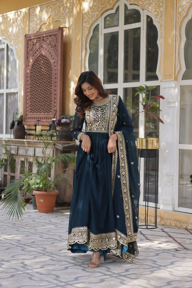 Wonderful Embroidery Work Navy Blue Color Gown
