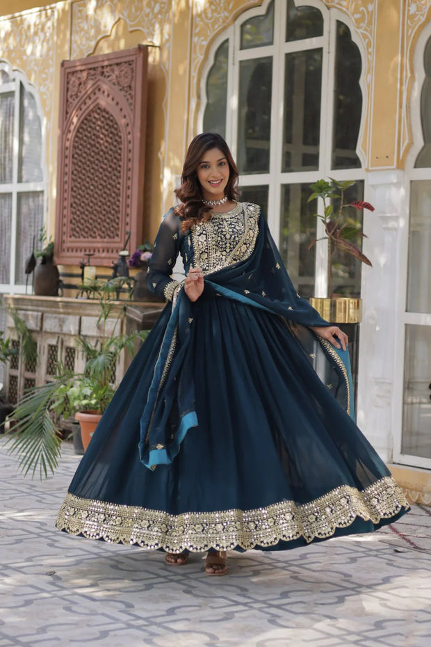 Wonderful Embroidery Work Navy Blue Color Gown