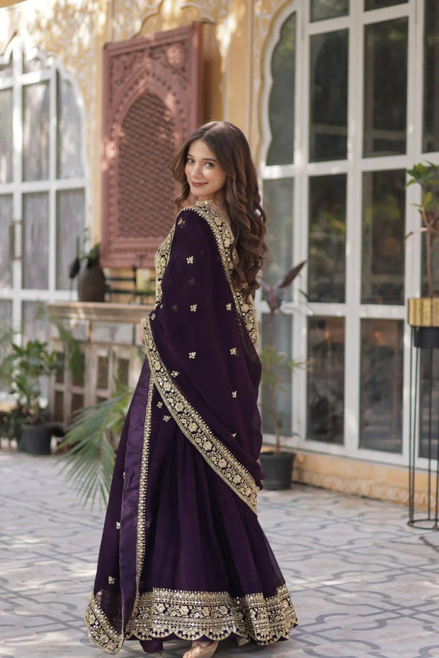 Wonderful Embroidery Work Wine Color Gown