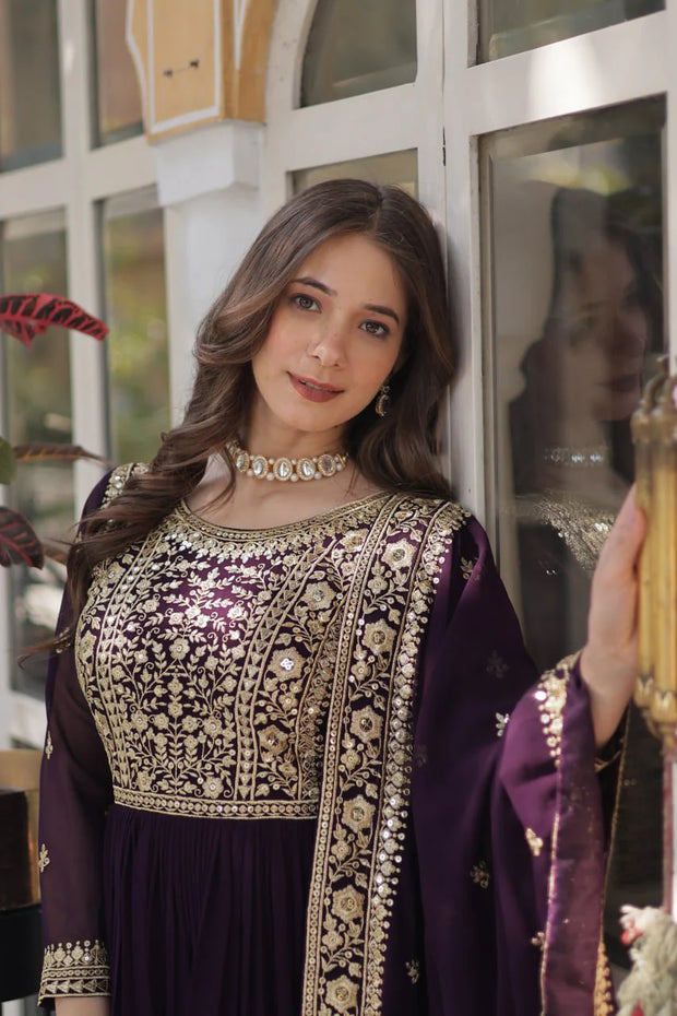 Wonderful Embroidery Work Wine Color Gown
