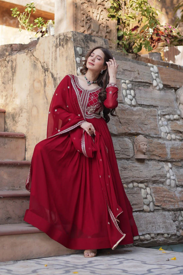 Amazing Embroidered Work Red Color Gown