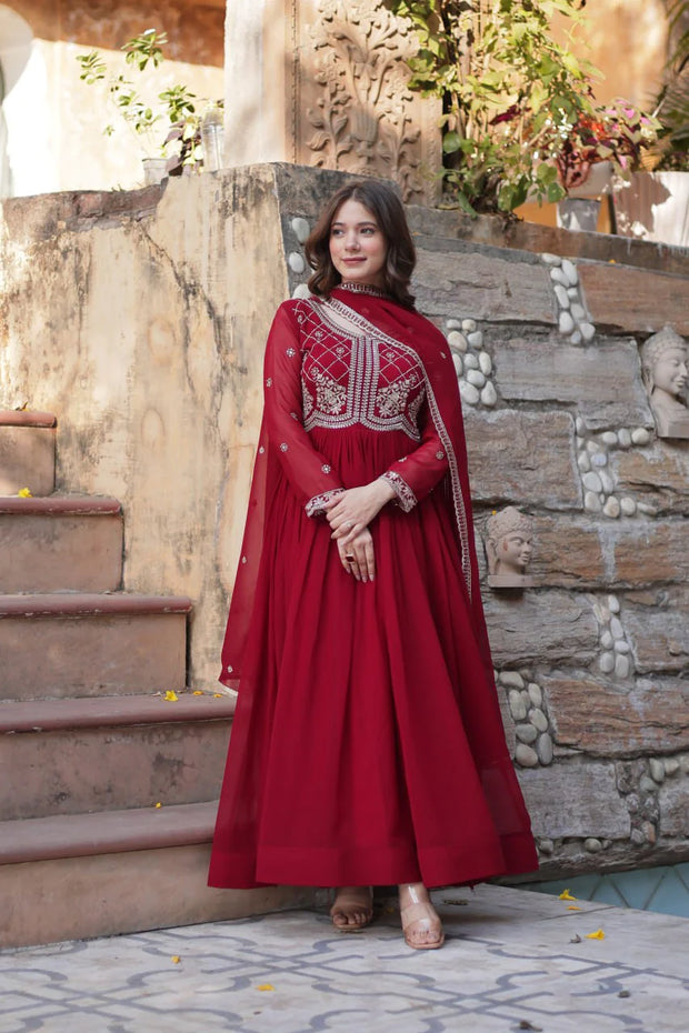 Amazing Embroidered Work Red Color Gown