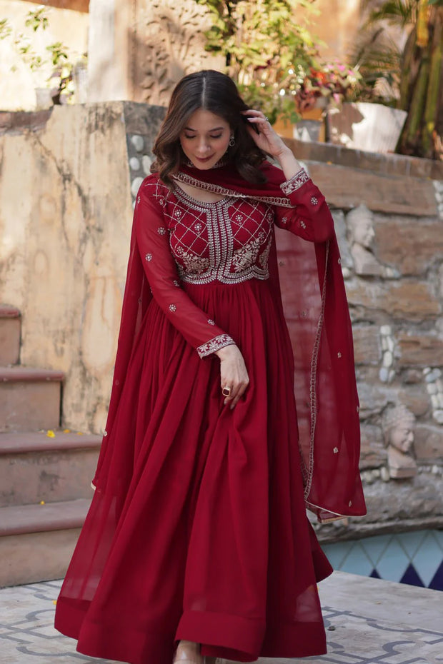 Amazing Embroidered Work Red Color Gown
