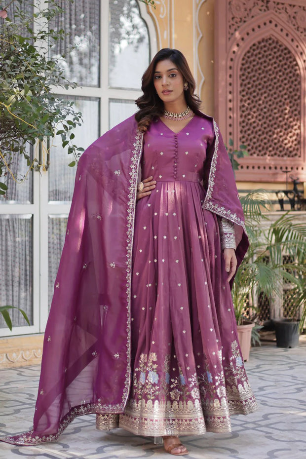 Fantastic Sequins Work Onion Color Gown