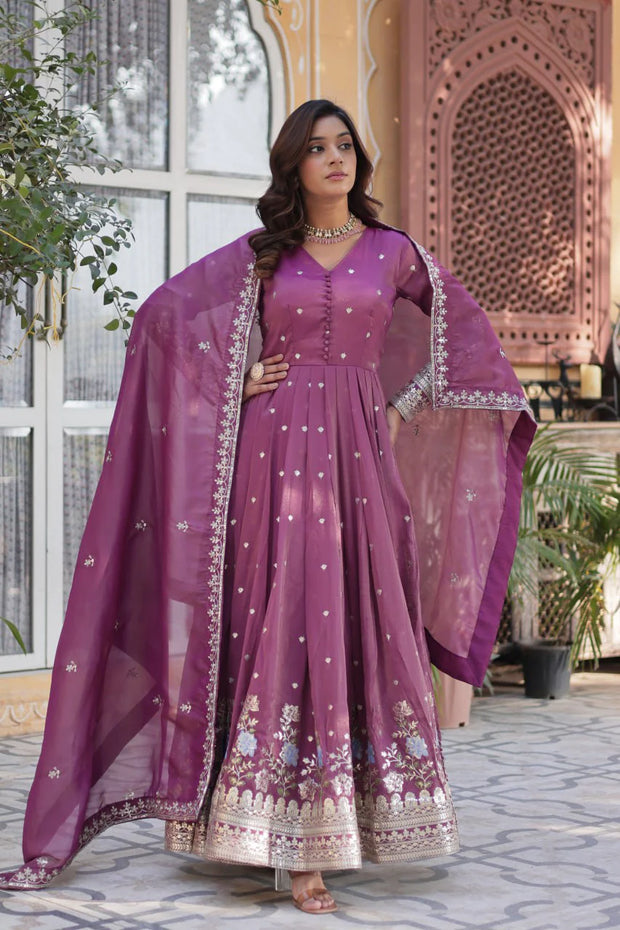 Fantastic Sequins Work Onion Color Gown