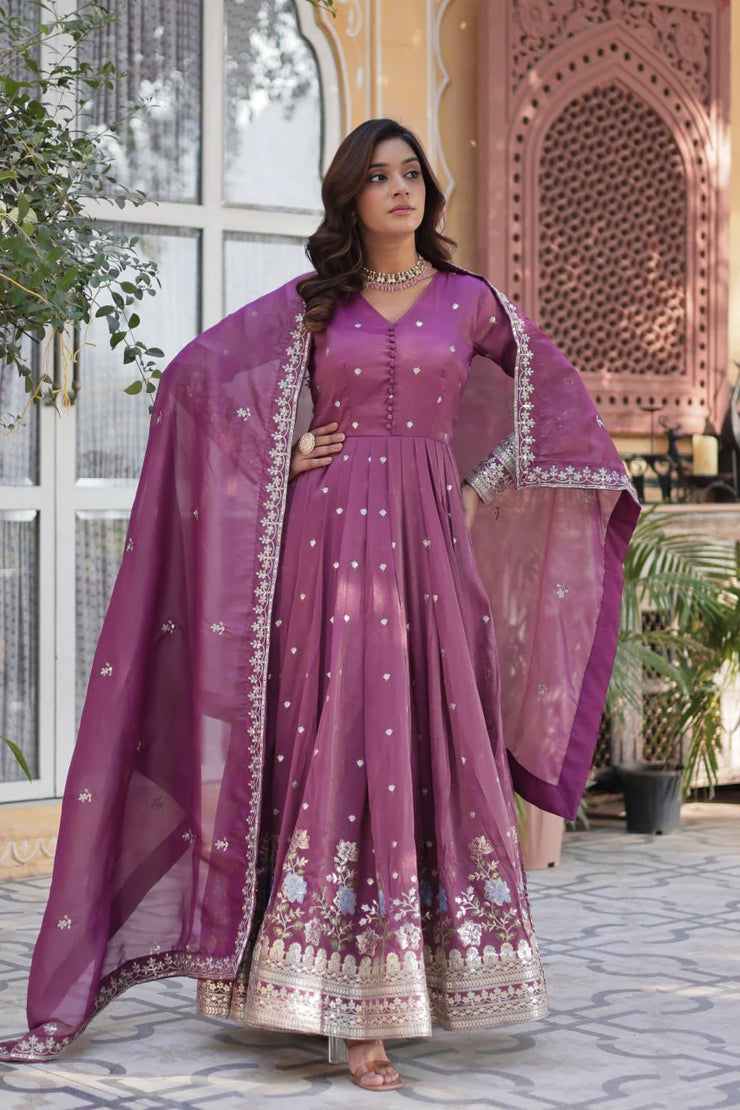 Fantastic Sequins Work Onion Color Gown