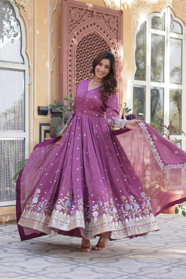 Fantastic Sequins Work Onion Color Gown
