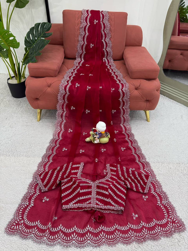 Lovely Heavy Work Maroon Color Saree