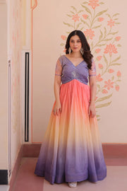 Fantastic Embroidered Work Double Shade Lavender Color Gow