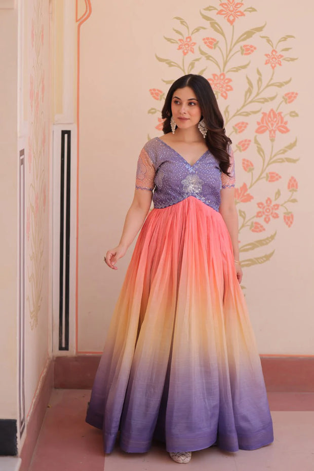 Fantastic Embroidered Work Double Shade Lavender Color Gow