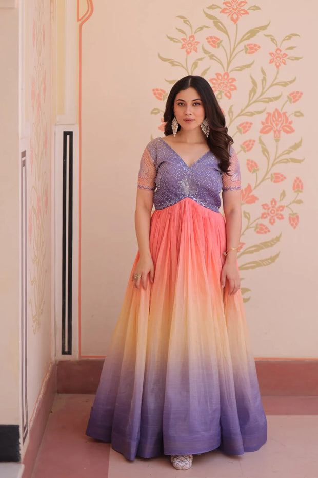 Fantastic Embroidered Work Double Shade Lavender Color Gow