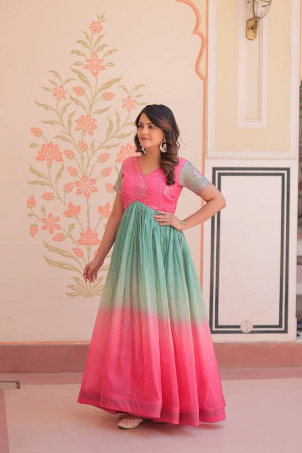 -55%    Fantastic Embroidered Work Double Shade Pink Color Gown