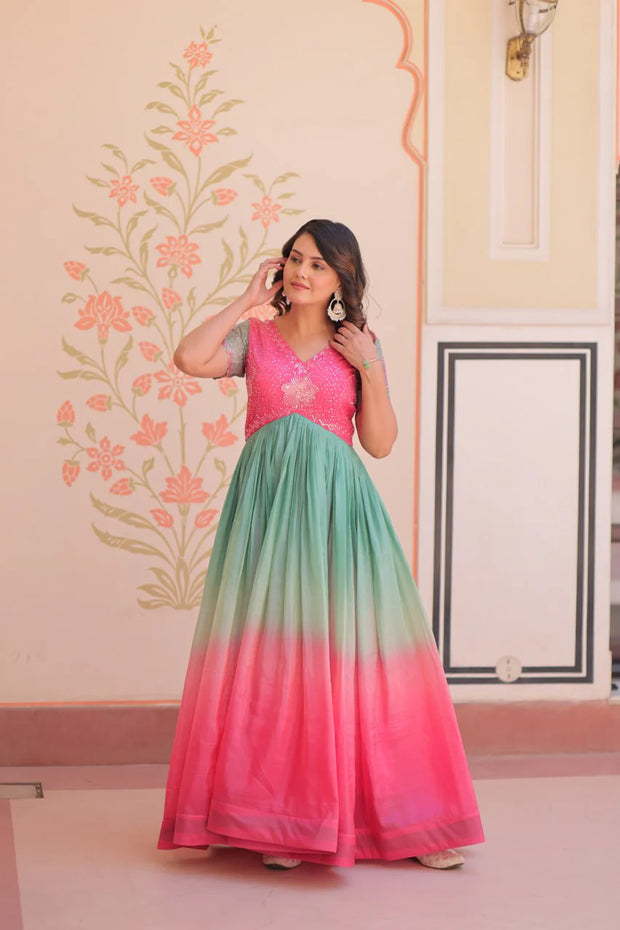 -55%    Fantastic Embroidered Work Double Shade Pink Color Gown