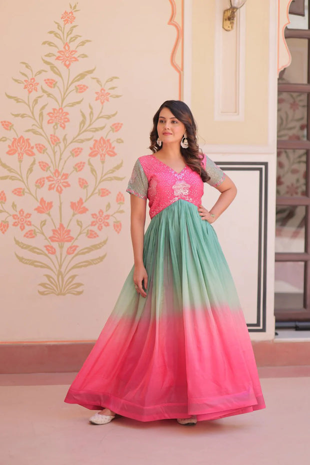 -55%    Fantastic Embroidered Work Double Shade Pink Color Gown