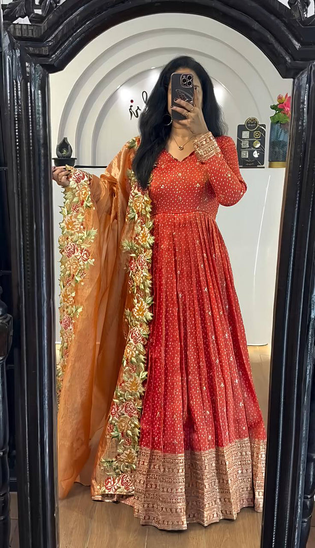 Beautiful Chinon Silk Orange Color Gown