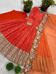 Beautiful Chinon Silk Orange Color Gown
