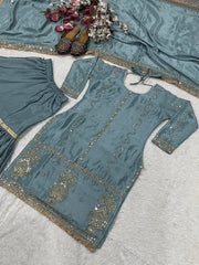 Occasion Wear Embroidery Work Teal Blue Color Sharara Suit