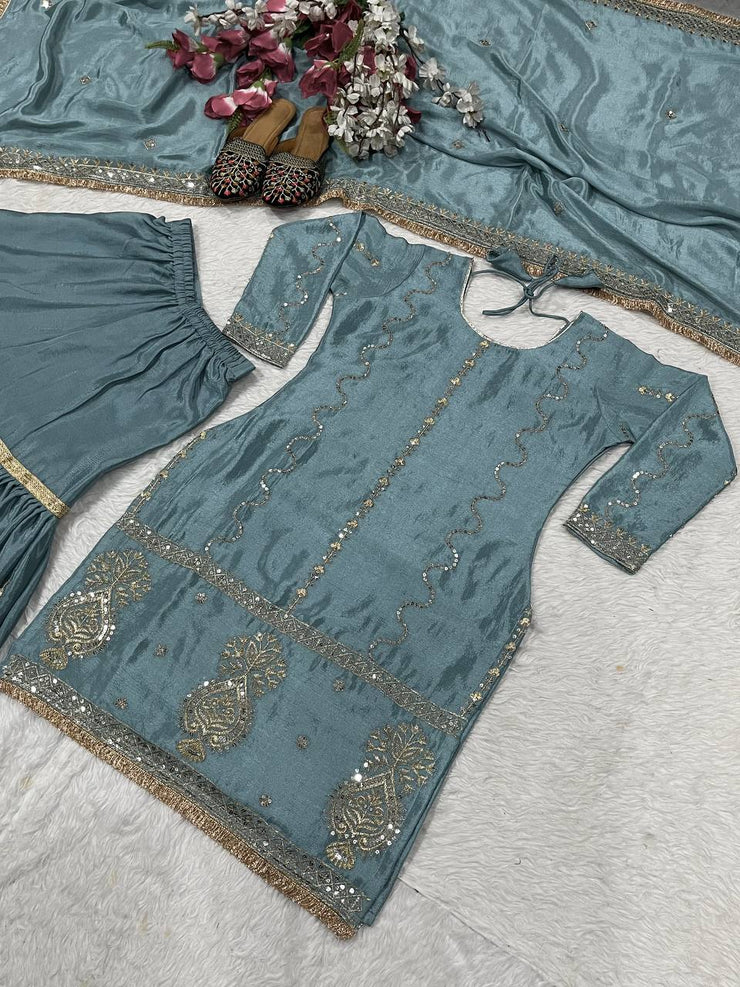 Occasion Wear Embroidery Work Teal Blue Color Sharara Suit