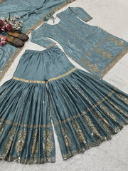 Occasion Wear Embroidery Work Teal Blue Color Sharara Suit
