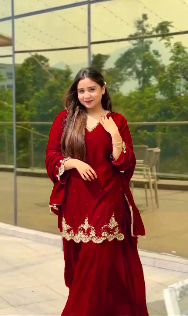 -50%   Awesome Embroidery Work Red Color Sharara Suit