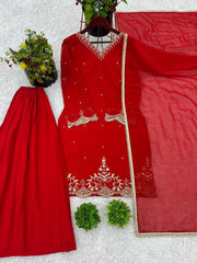 -50%   Awesome Embroidery Work Red Color Sharara Suit