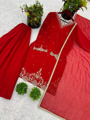 -50%   Awesome Embroidery Work Red Color Sharara Suit