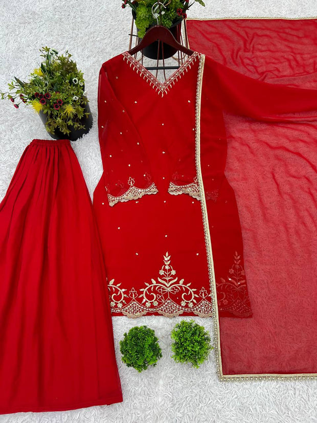-50%   Awesome Embroidery Work Red Color Sharara Suit