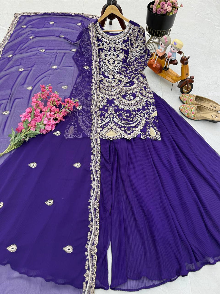Designer Heavy Work Navy Blue Color Palazzo Suit