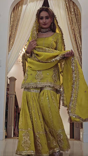 -50%   Occasion Wear Embroidery Work Mehendi Color Sharara Suit