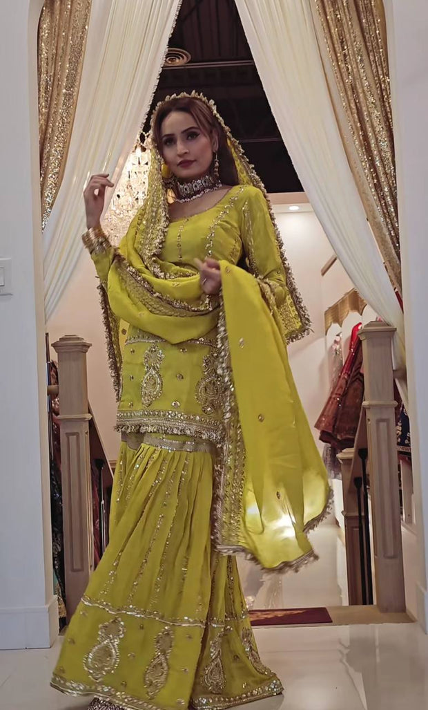 -50%   Occasion Wear Embroidery Work Mehendi Color Sharara Suit