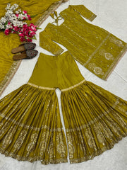 -50%   Occasion Wear Embroidery Work Mehendi Color Sharara Suit