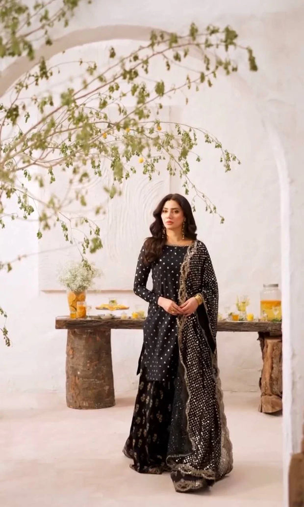 Shining Embroidery Work Black Color Sharara Suit
