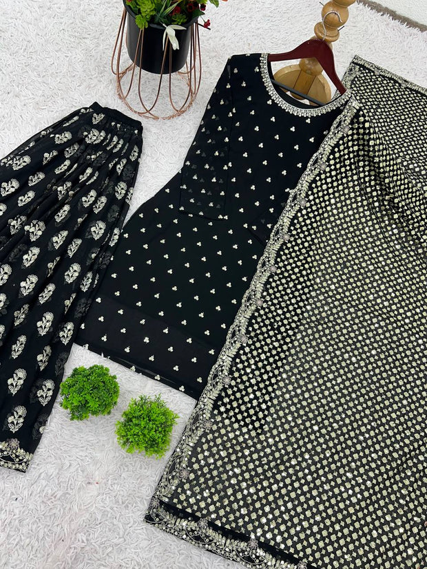 Shining Embroidery Work Black Color Sharara Suit