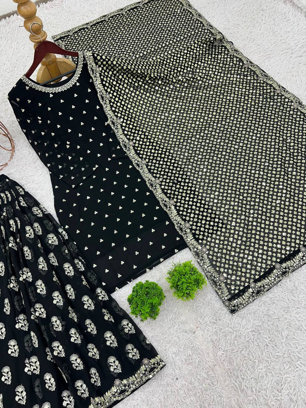 Shining Embroidery Work Black Color Sharara Suit