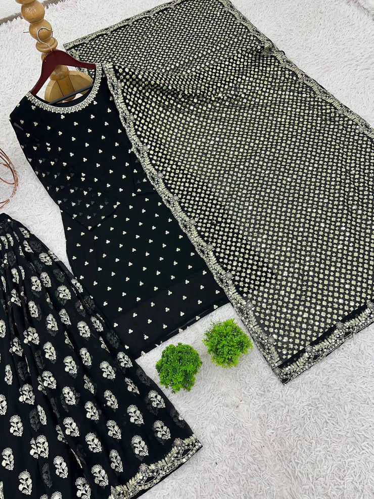 Shining Embroidery Work Black Color Sharara Suit