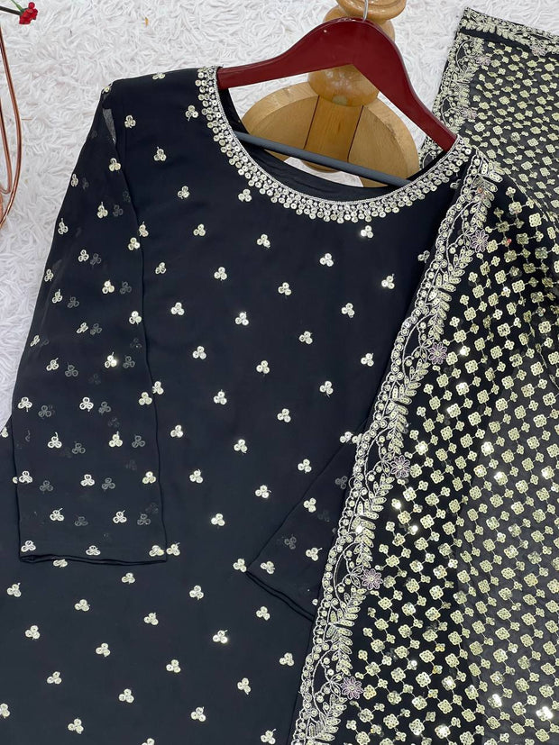 Shining Embroidery Work Black Color Sharara Suit