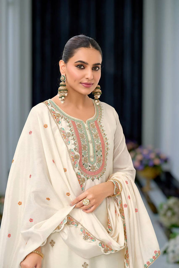 Glimmering Embroidery Work White Color Sharara Suit