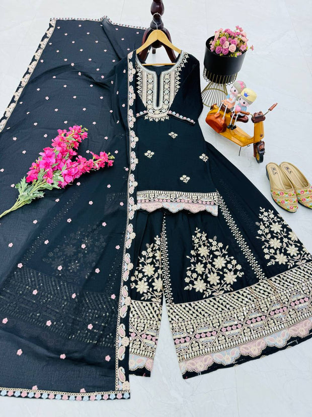 -50%   Glimmering Embroidery Work Black Color Sharara Suit