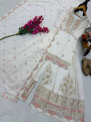 Glimmering Embroidery Work White Color Sharara Suit