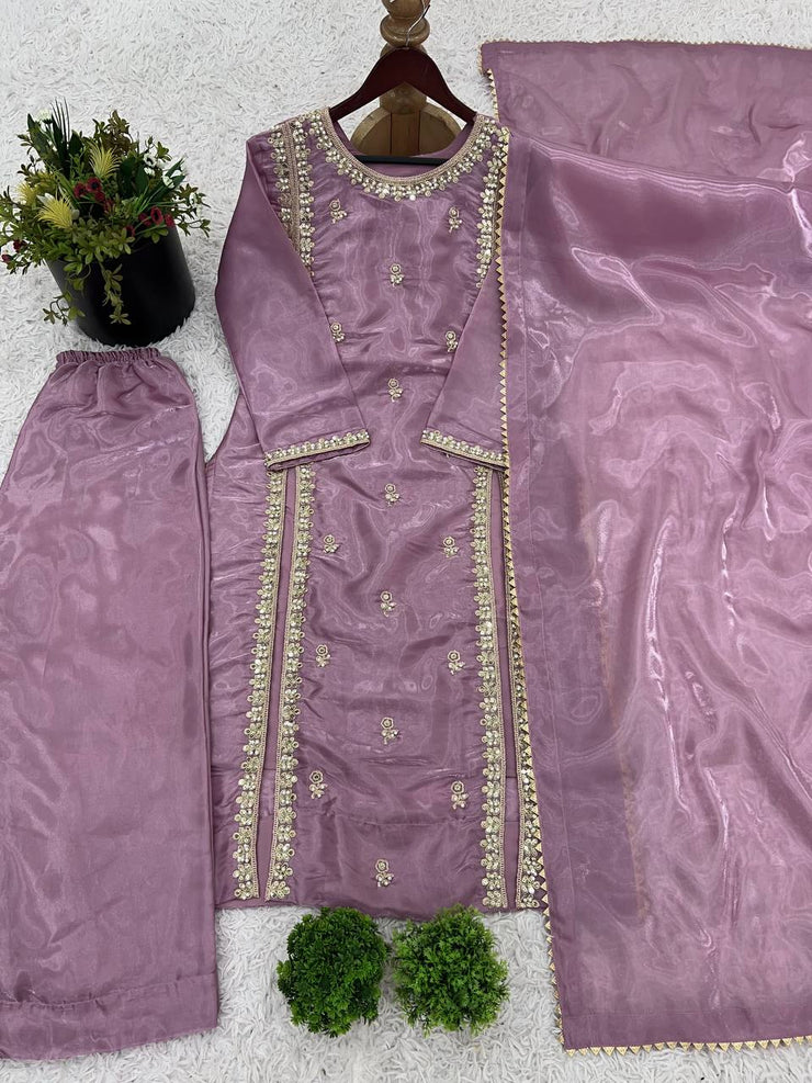 Shining Sequence Work Lavender Color Palazzo Suit
