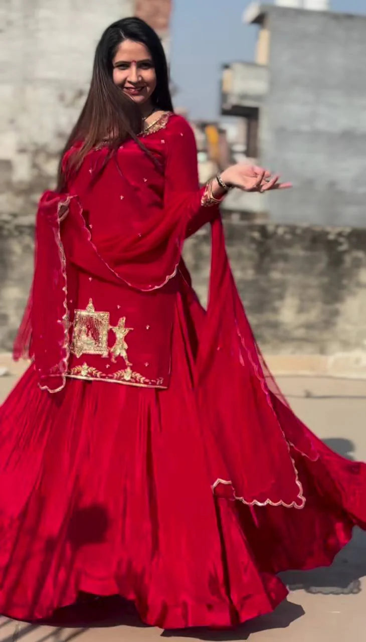 Elegant Embroidery Work Red Color Top With Lehenga Choli