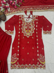 Flattering Heavy Work Red Color Sharara Suit