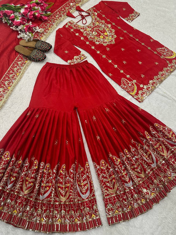 Flattering Heavy Work Red Color Sharara Suit