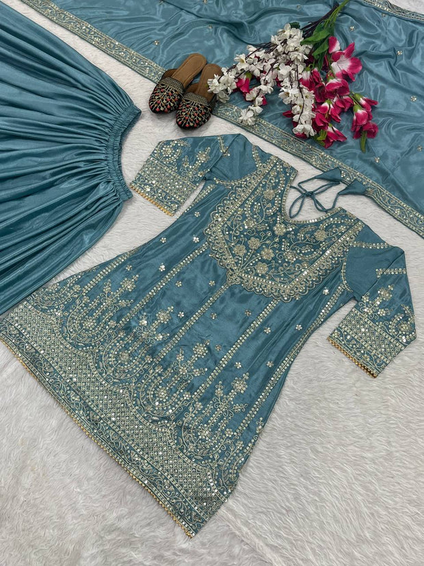 Flattering Sky Blue Color Heavy Work Sharara Suit