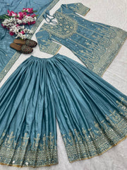 Flattering Sky Blue Color Heavy Work Sharara Suit